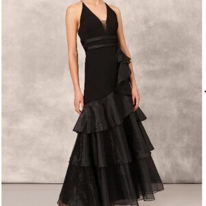Aidan Mattox Tiered Rufffled Crepe Black Gown Size 8